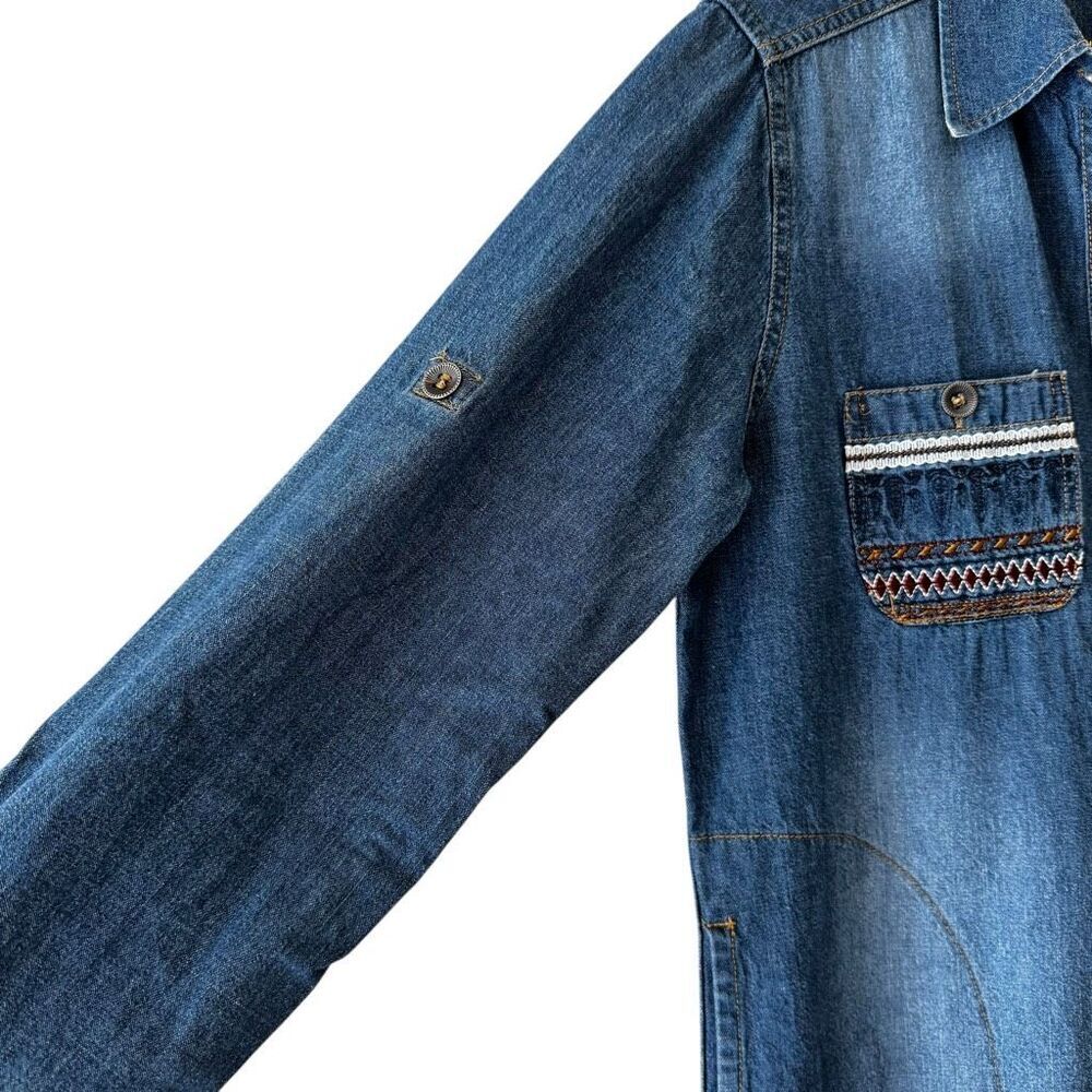 Snidel Denim Southwestern Bohemian Dress Blue Collared Neck SZ M # 2352 - Picture 6 of 16